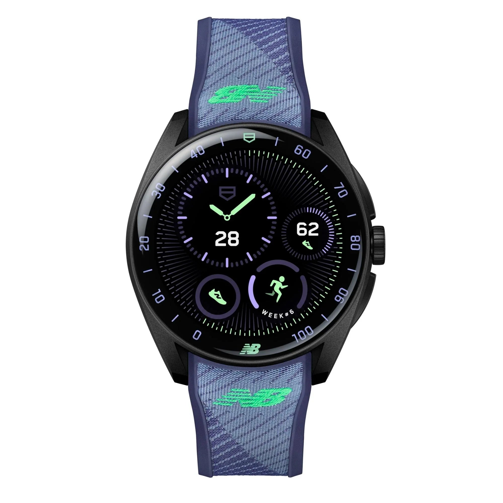 Reloj TAG Heuer x New Balance Connected Calibre E5 – 40 mm – Titanio DLC – Correa de caucho morada