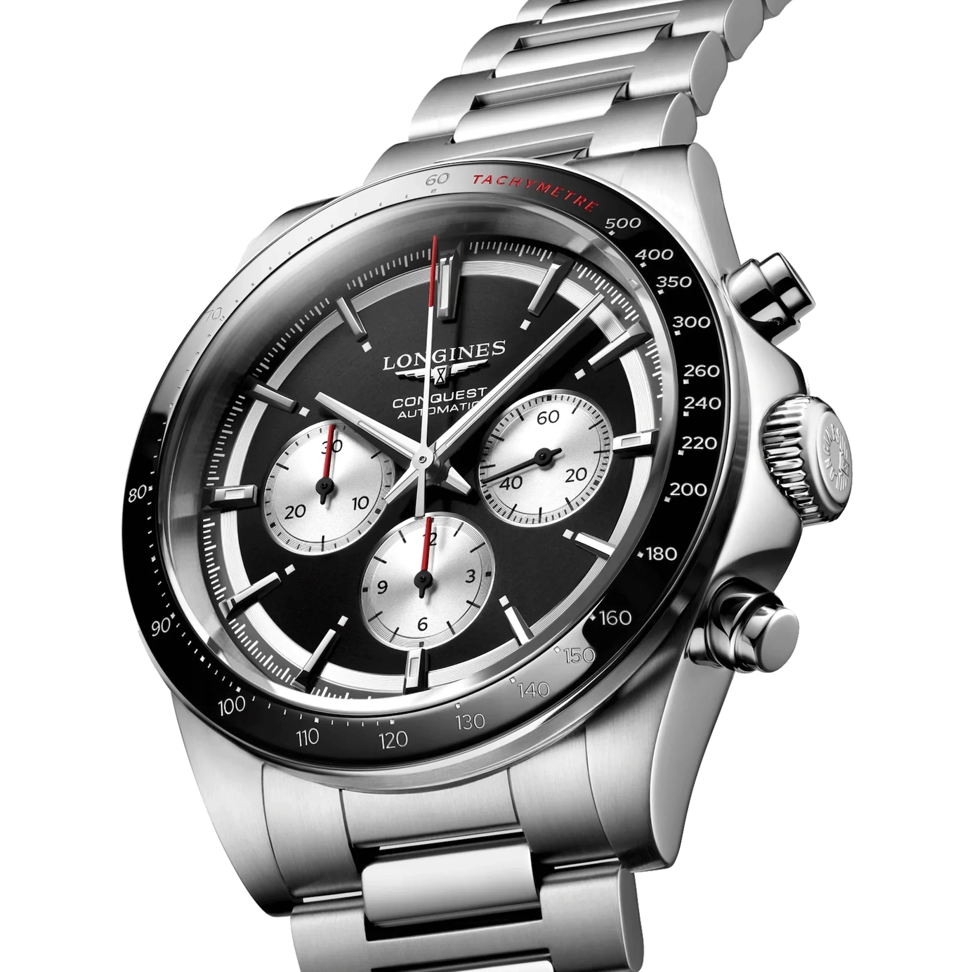 Reloj automático Longines Conquest Chronograph 2023, esfera negra, brazalete de acero, 42 mm