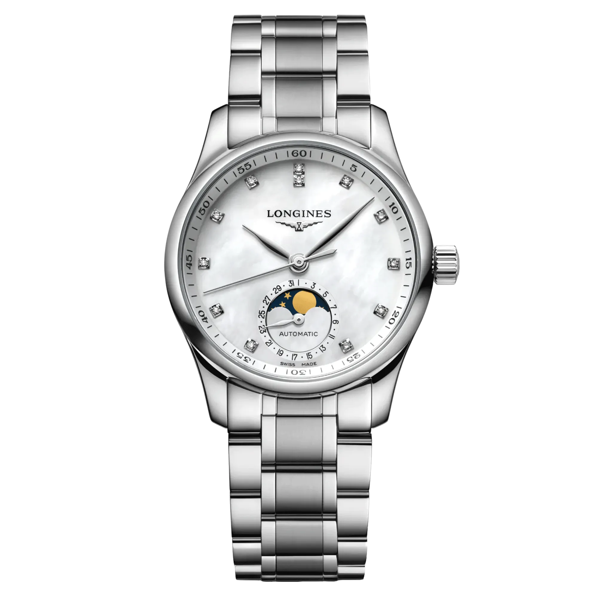 Reloj automático Longines Master Collection con esfera de nácar blanco y brazalete de acero, 34 mm