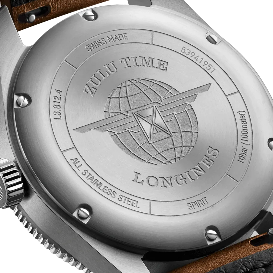 Reloj automático Longines Spirit Zulu Time, esfera antracita, correa de piel marrón, 42 mm