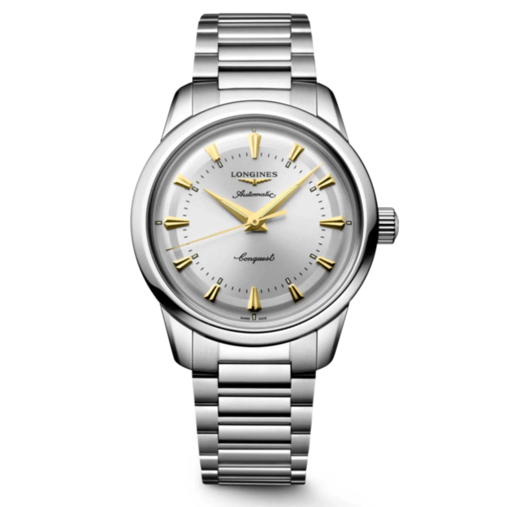 Reloj automático Longines Conquest Heritage, esfera plateada, brazalete de acero, 38 mm