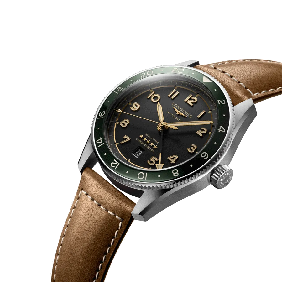 Reloj automático Longines Spirit Zulu Time, esfera antracita, correa de piel marrón, 42 mm