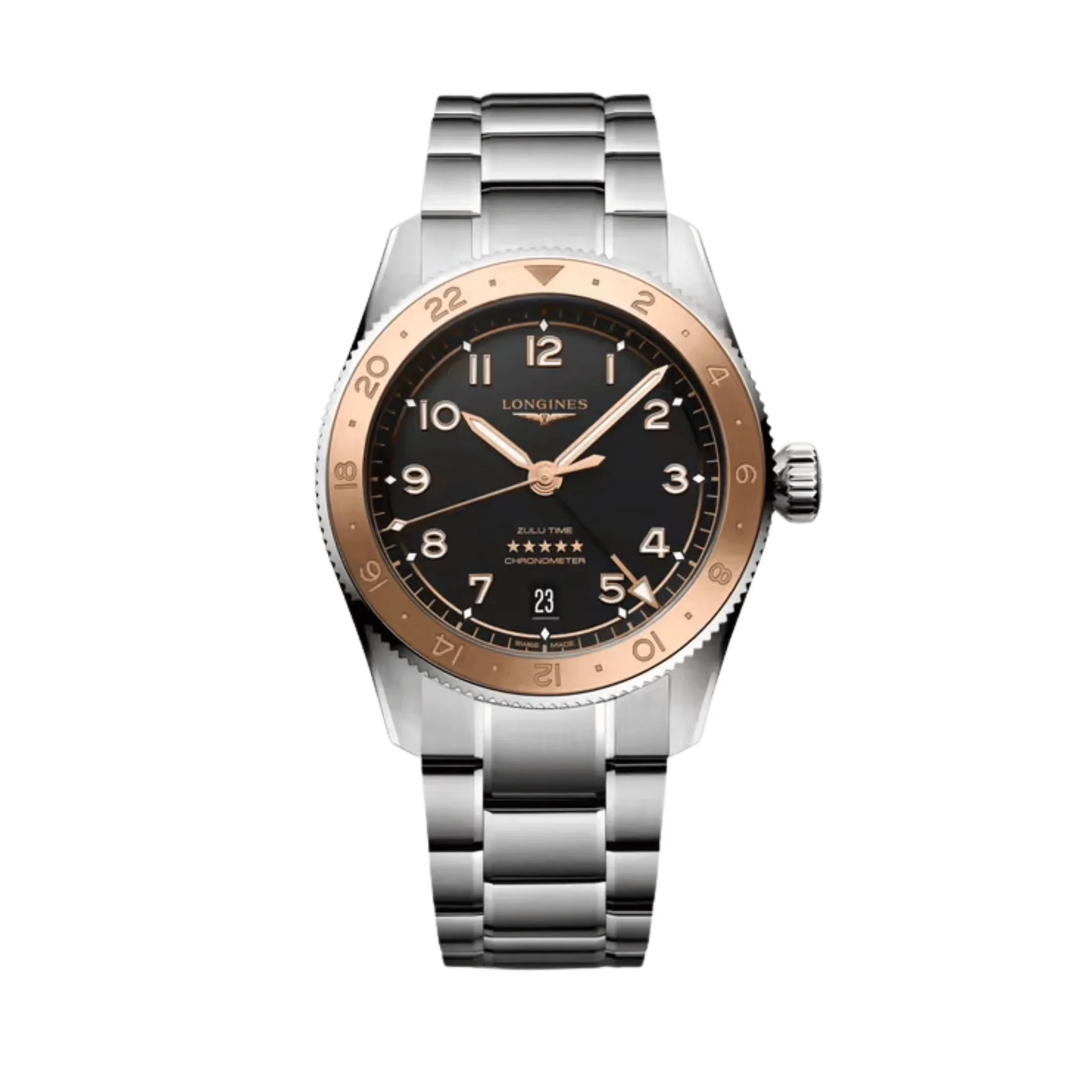 Reloj automático Longines Spirit Zulu Time 1925 con bisel de oro rosa, esfera negra, brazalete de acero, 39 mm