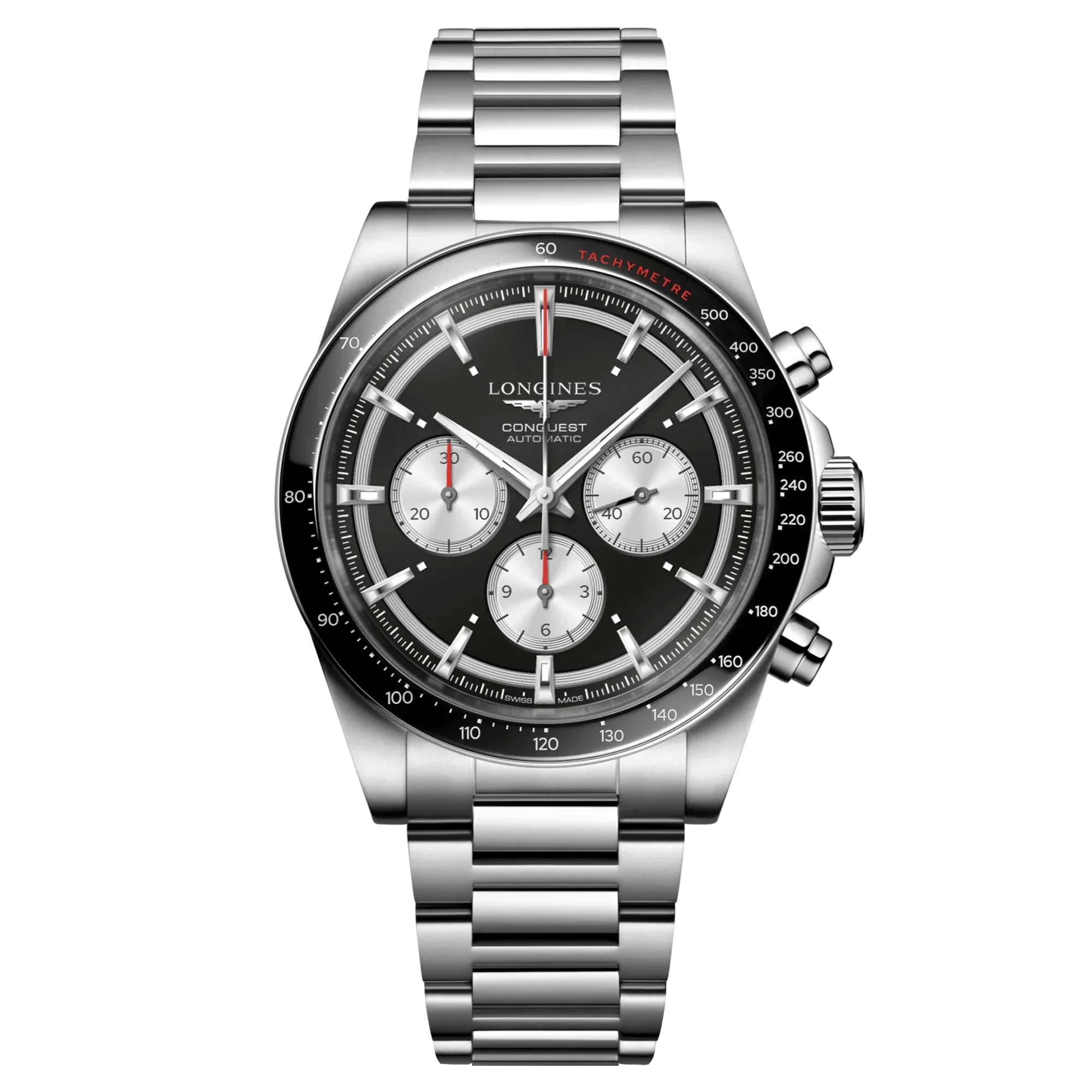 Reloj automático Longines Conquest Chronograph 2023, esfera negra, brazalete de acero, 42 mm