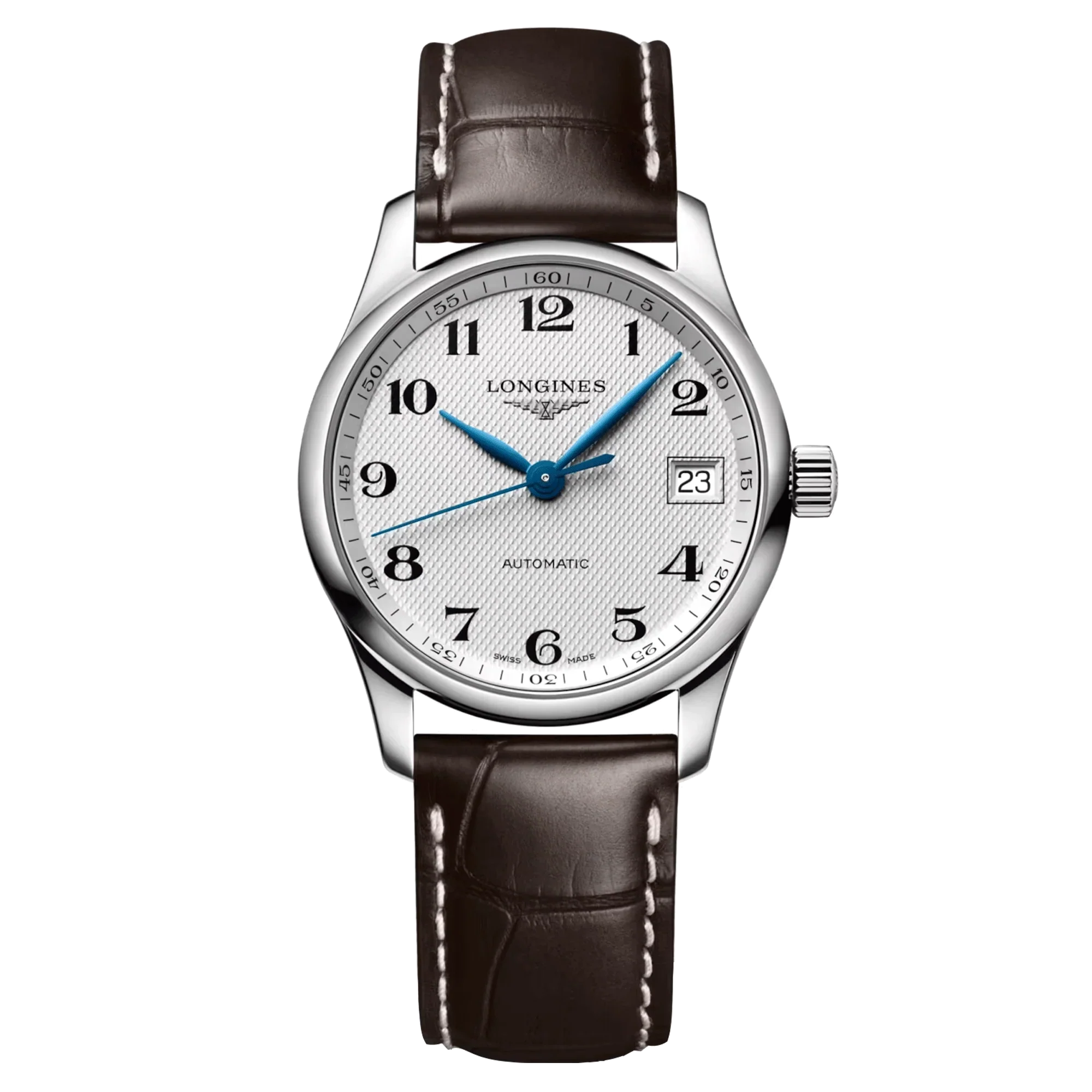 Reloj automático Longines Master Collection, esfera plateada, correa de piel marrón, 34 mm