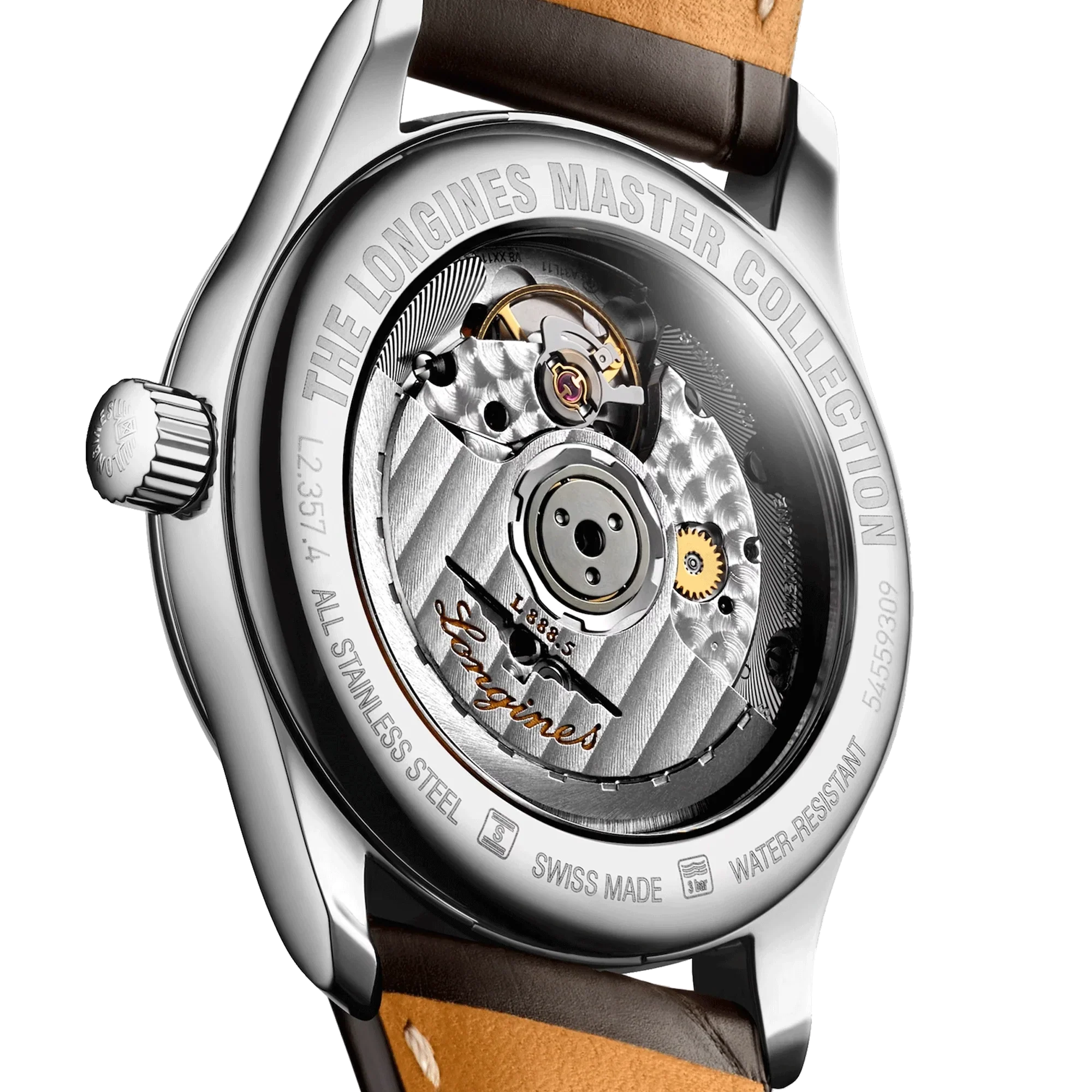 Reloj automático Longines Master Collection, esfera plateada, correa de piel marrón, 34 mm