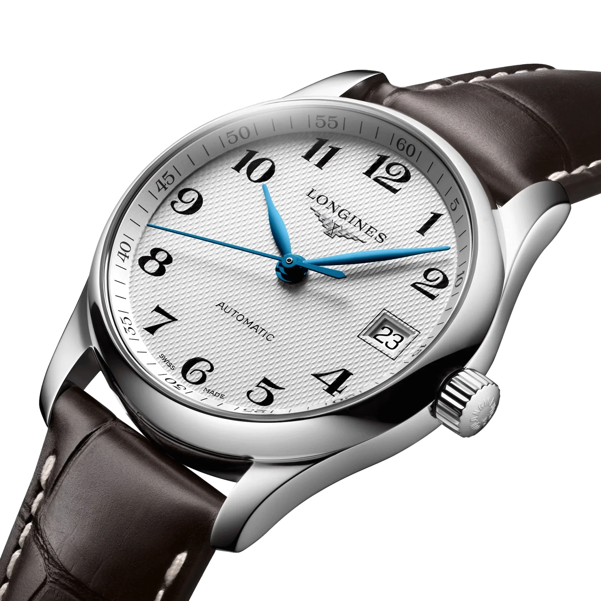 Reloj automático Longines Master Collection, esfera plateada, correa de piel marrón, 34 mm