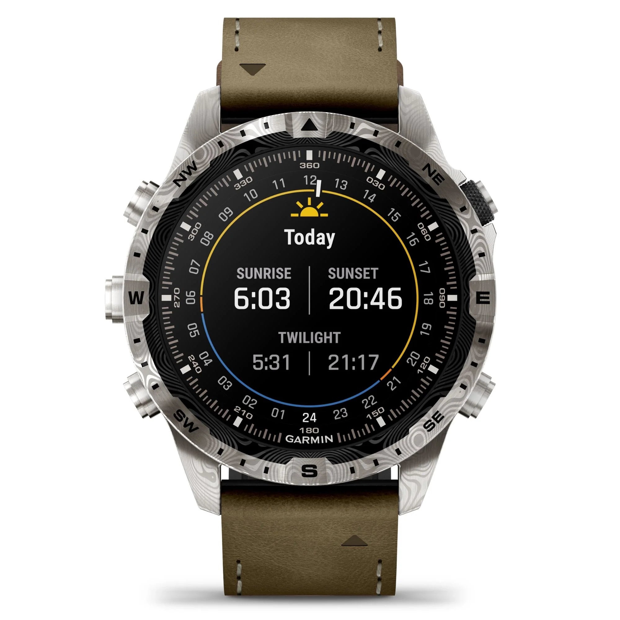 Reloj Garmin Marq Gen 2 Adventurer Damascus Steel Edition con correa de piel marrón y silicona negra de 46 mm