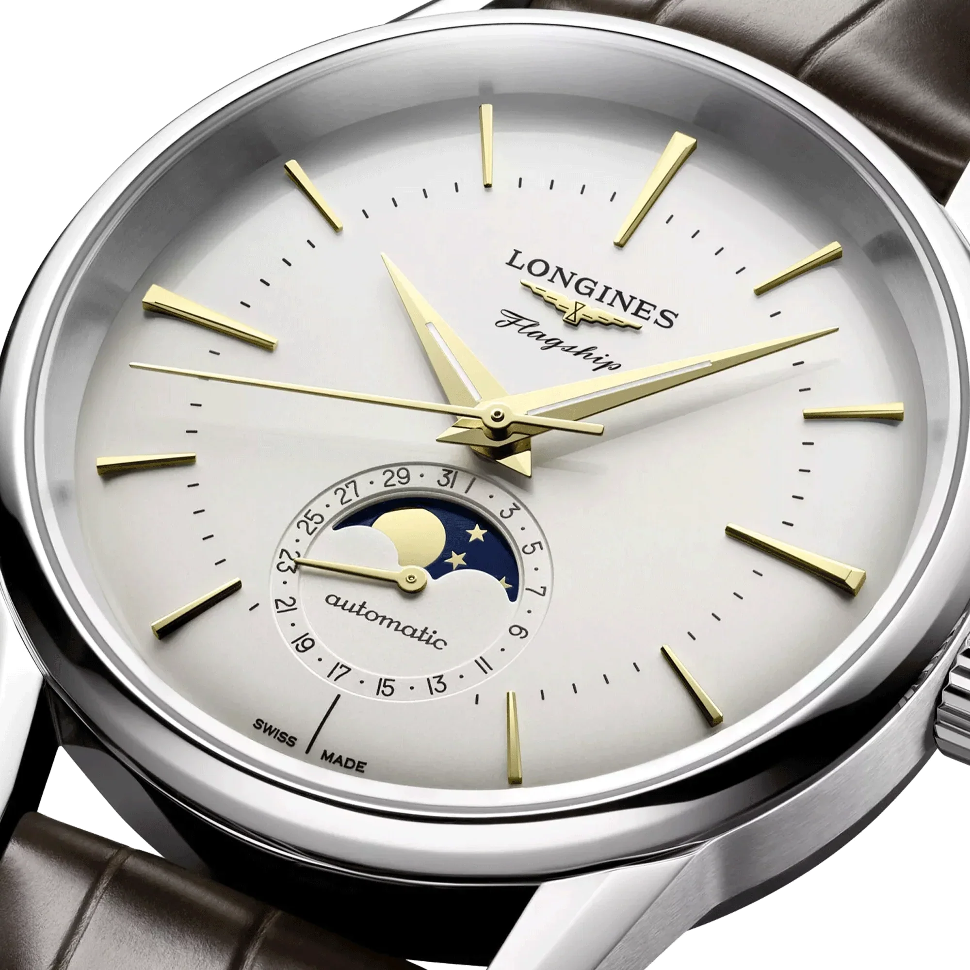 Reloj automático Longines Flagship Heritage Moon Phase con esfera plateada opalina y correa de piel marrón de 38,5 mm.