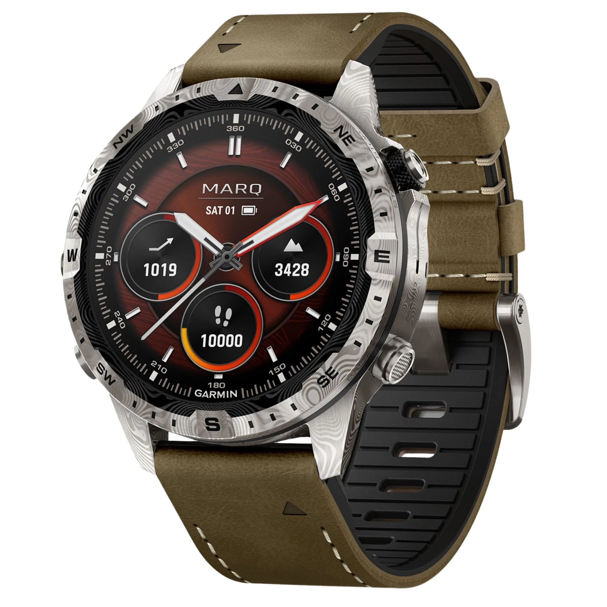 Reloj Garmin Marq Gen 2 Adventurer Damascus Steel Edition con correa de piel marrón y silicona negra de 46 mm