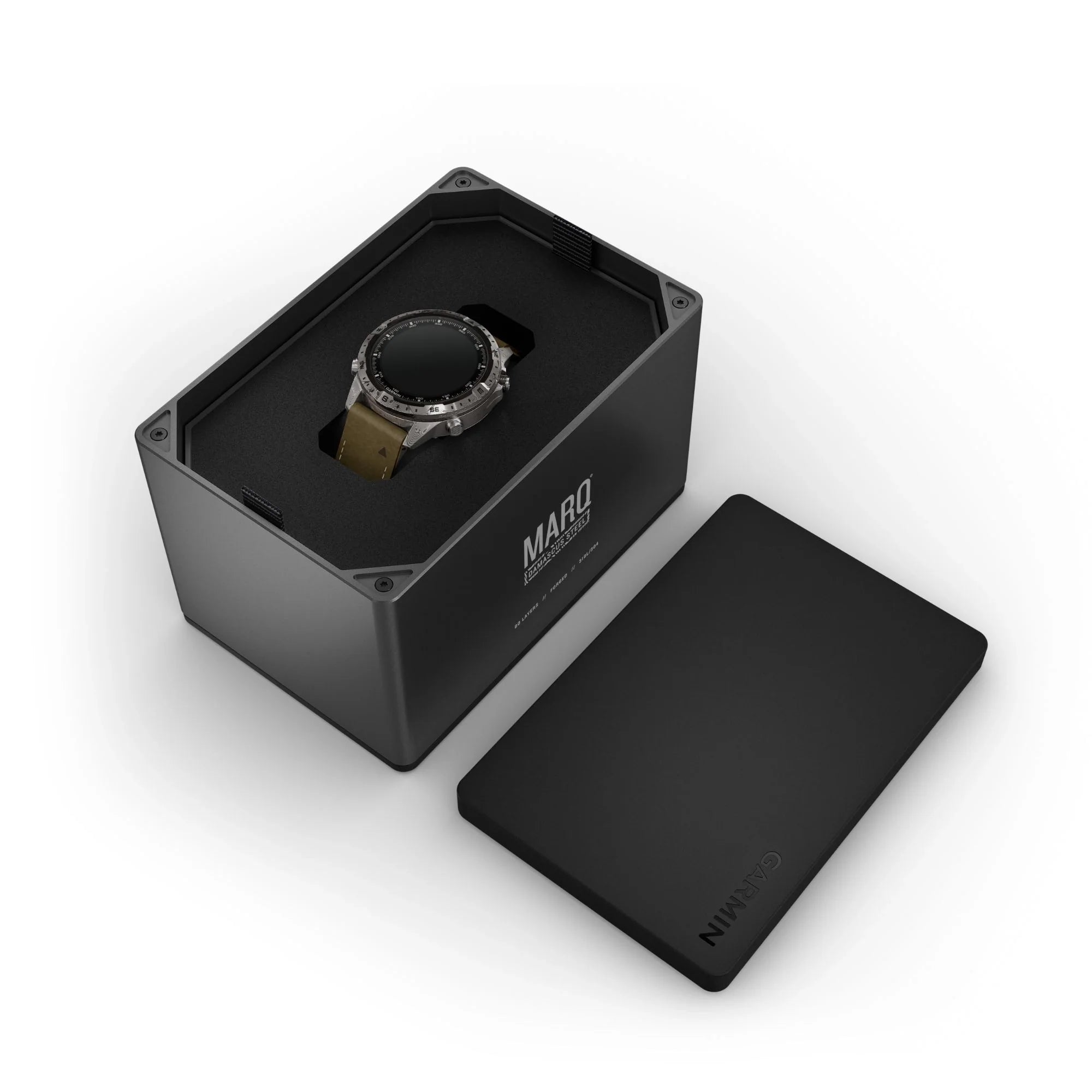 Reloj Garmin Marq Gen 2 Adventurer Damascus Steel Edition con correa de piel marrón y silicona negra de 46 mm