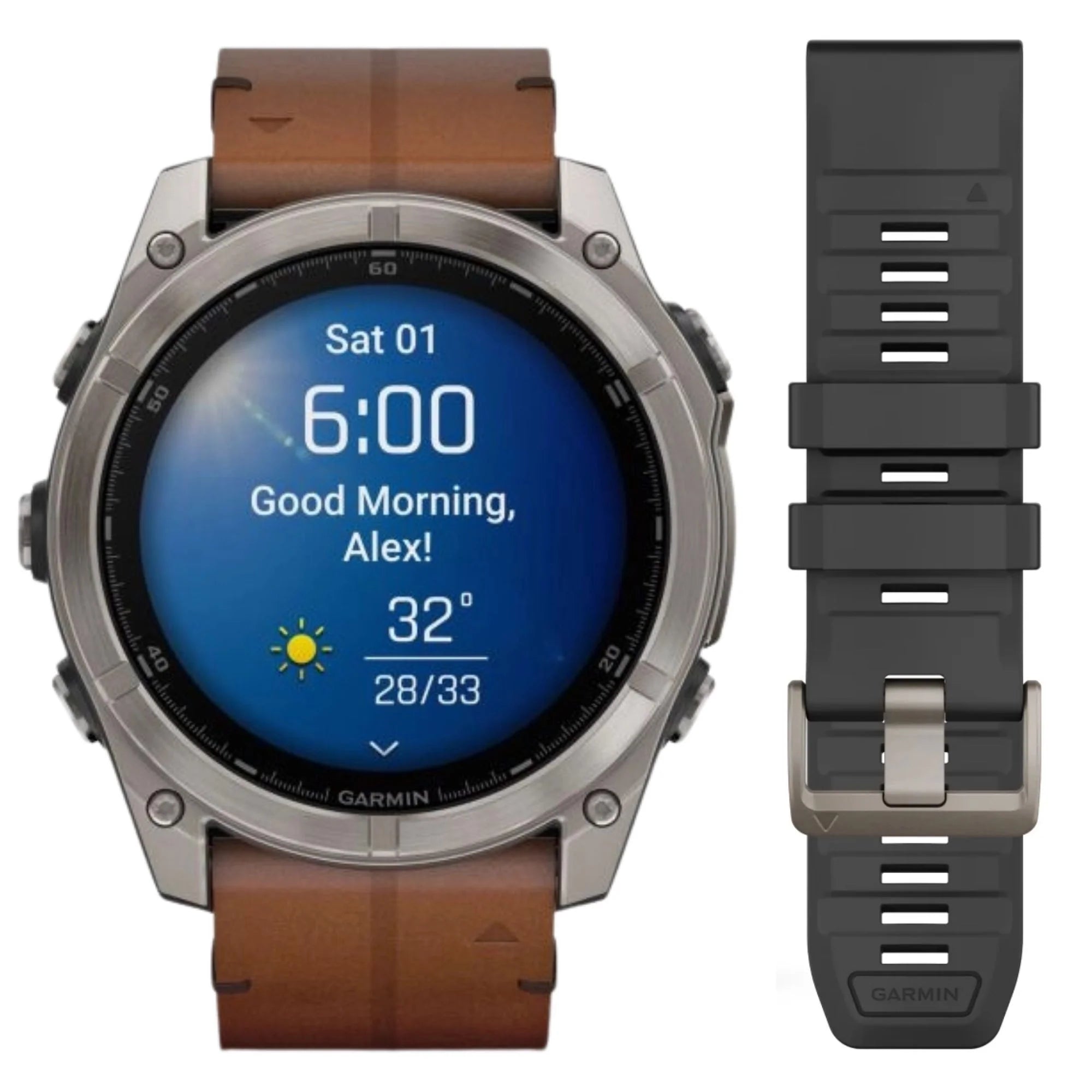 Reloj Garmin Fenix 8 AMOLED Zafiro Titanio con Correas de Cuero Marrón y Silicona Negra 51mm