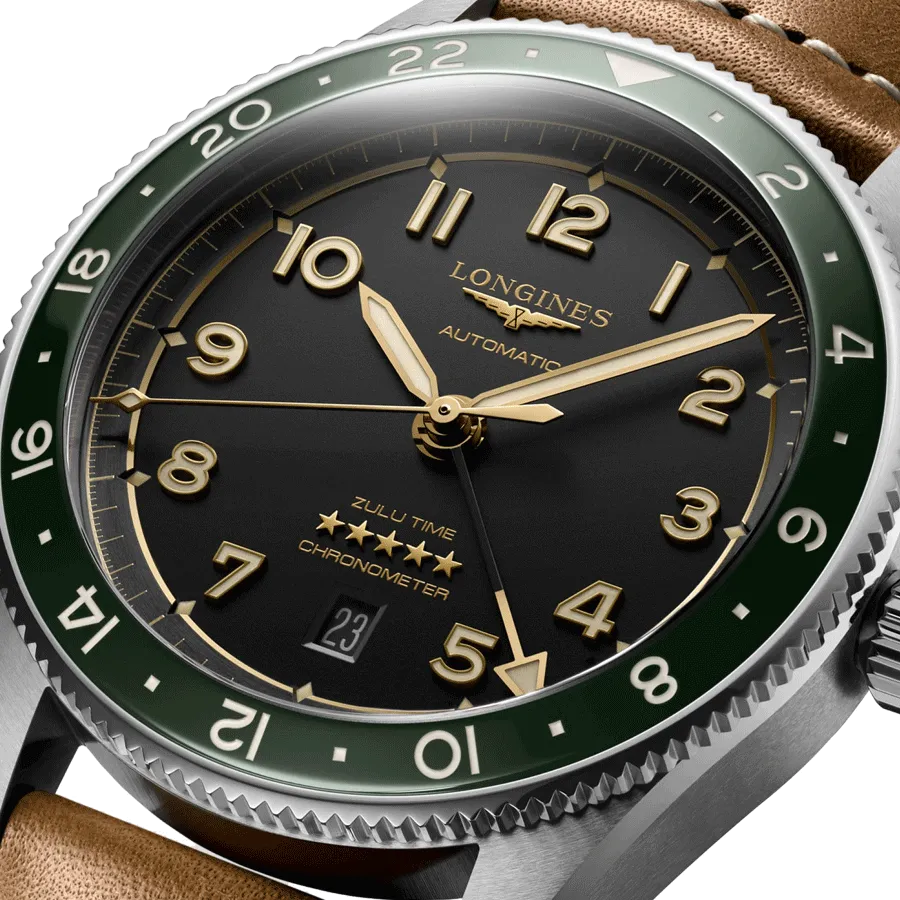 Reloj automático Longines Spirit Zulu Time, esfera antracita, correa de piel marrón, 42 mm