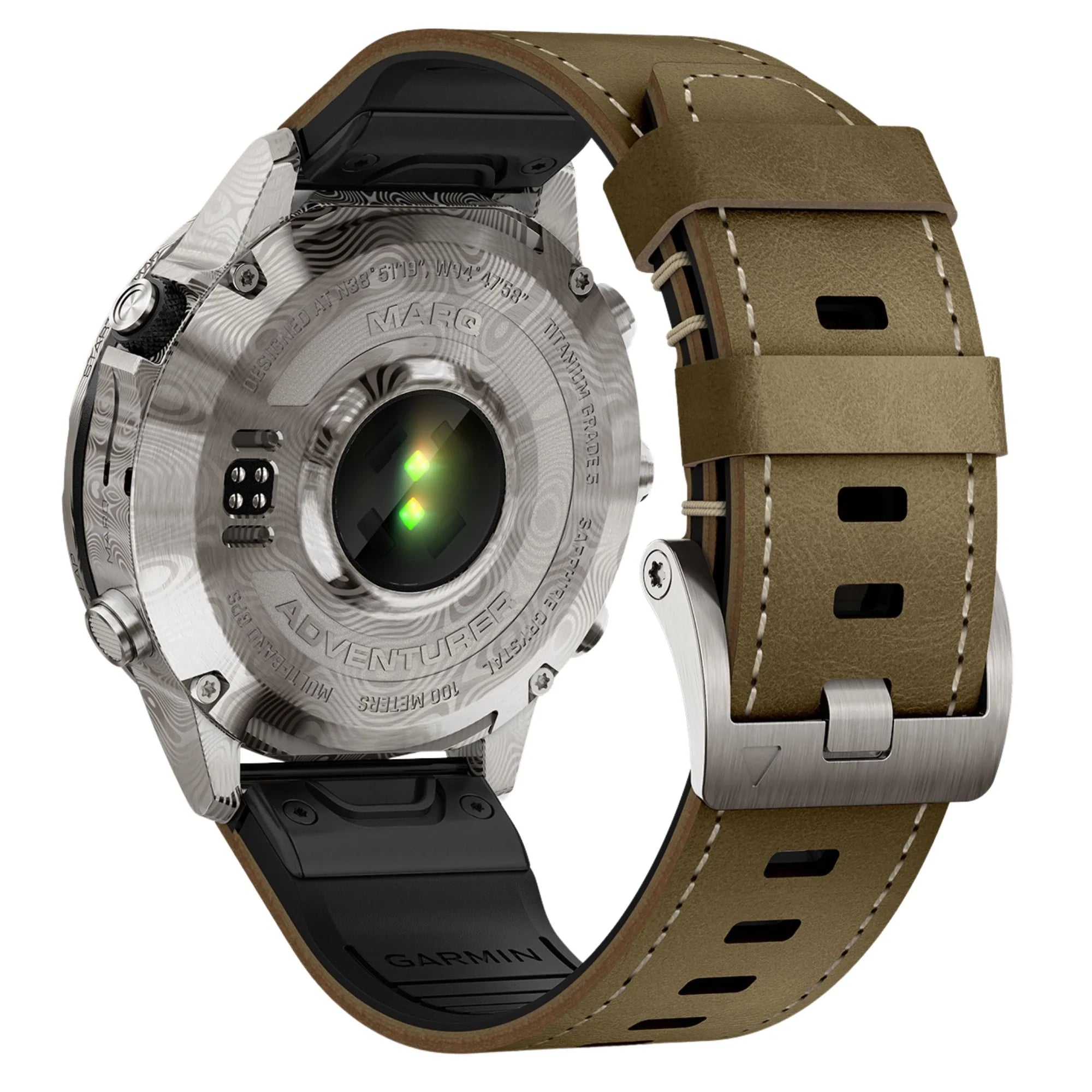 Reloj Garmin Marq Gen 2 Adventurer Damascus Steel Edition con correa de piel marrón y silicona negra de 46 mm