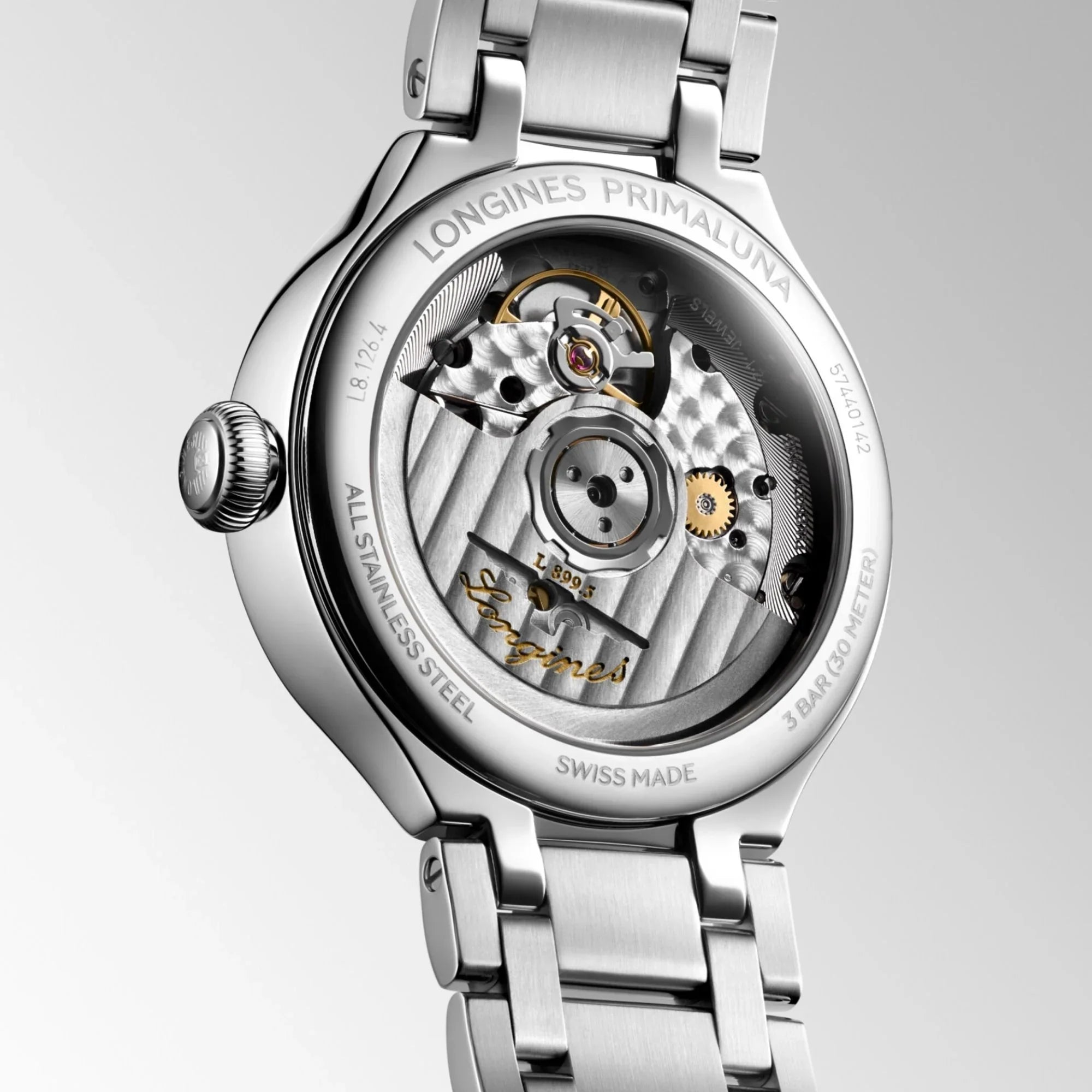 Reloj automático Longines PrimaLuna Moonphase, esfera de nácar blanco, índices de diamantes, brazalete de acero, 34 mm