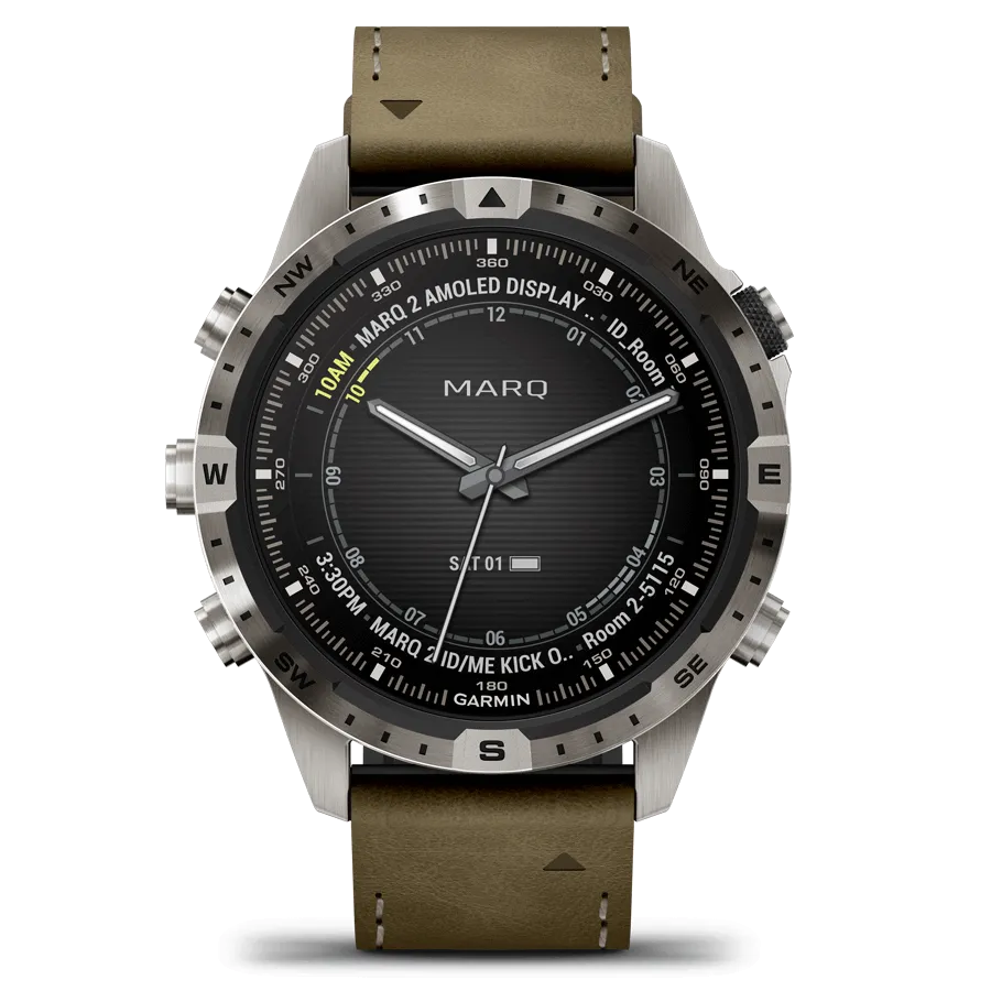 Reloj Garmin Marq Gen 2 Adventurer de titanio y zafiro con correa de cuero marrón y caucho negro de 46 mm