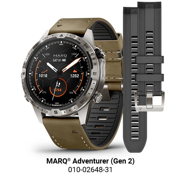 Reloj Garmin Marq Gen 2 Adventurer de titanio y zafiro con correa de cuero marrón y caucho negro de 46 mm