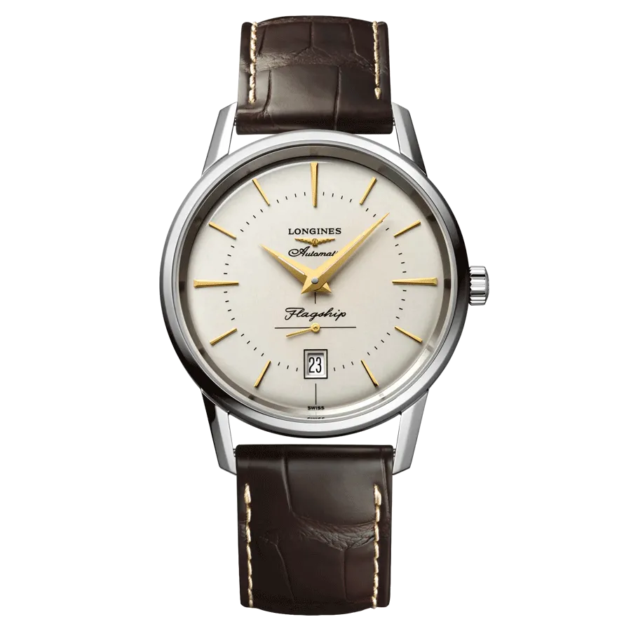 Reloj automático Longines Flagship Heritage con esfera plateada y correa de piel de cocodrilo marrón de 38,5 mm.