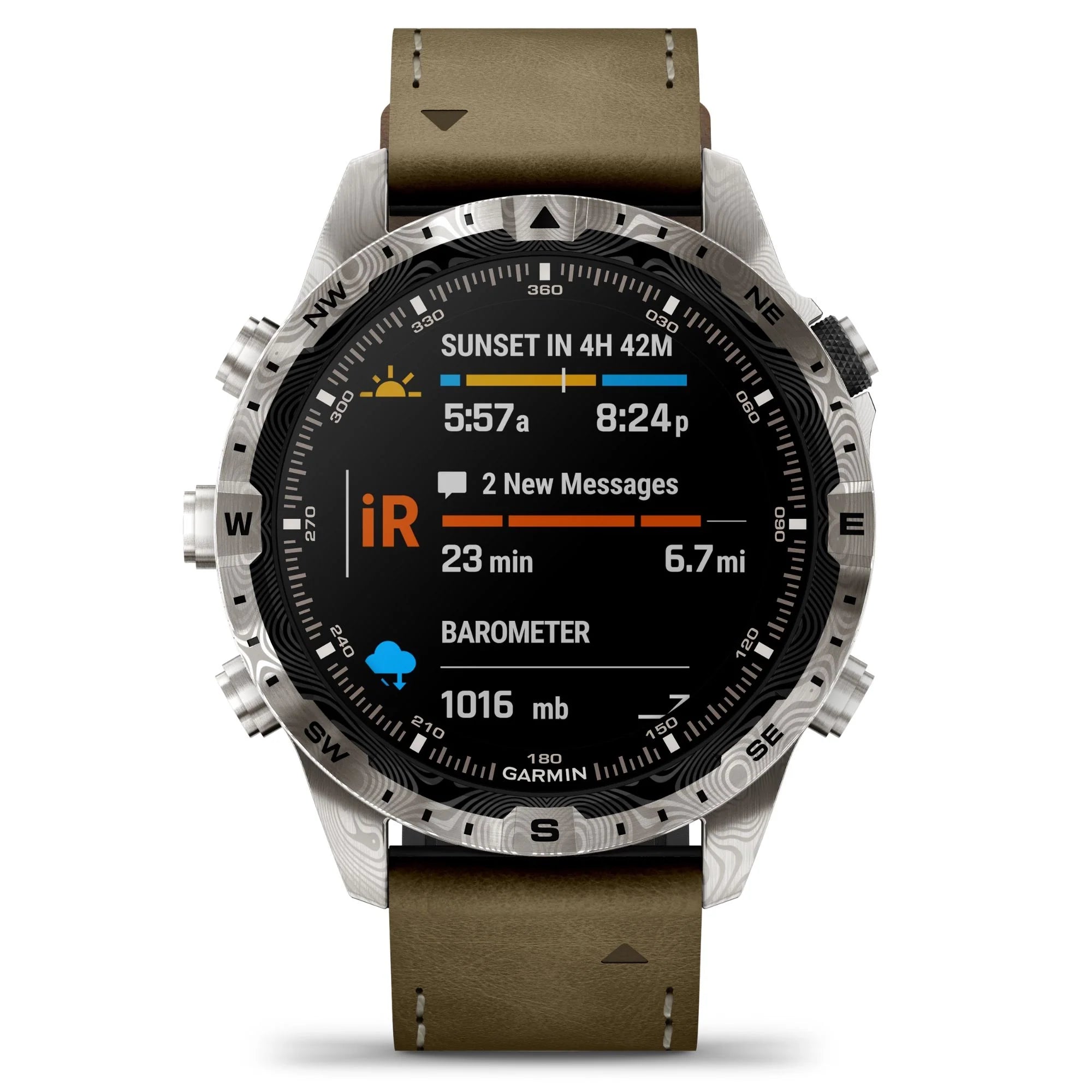 Reloj Garmin Marq Gen 2 Adventurer Damascus Steel Edition con correa de piel marrón y silicona negra de 46 mm